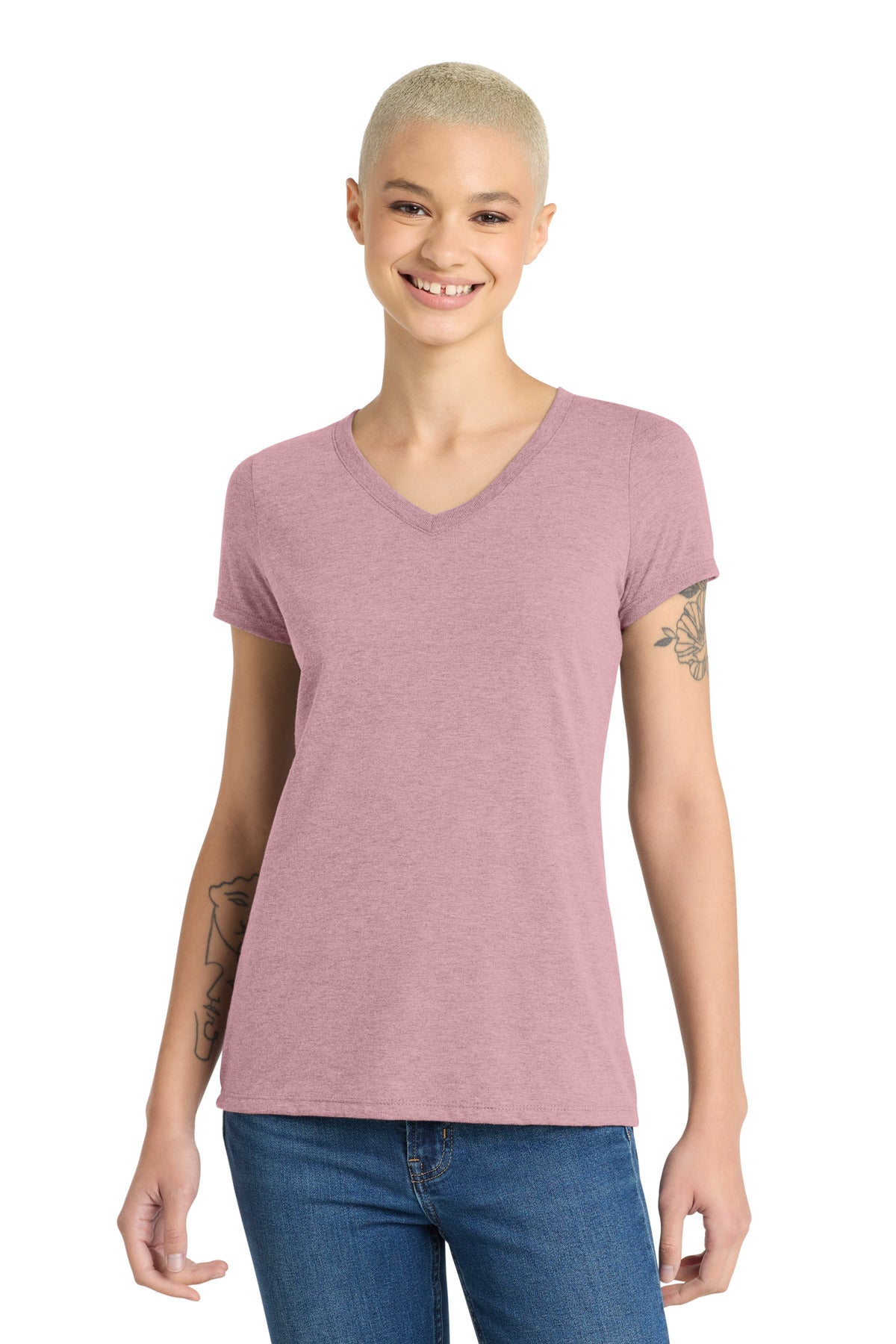 Front View of Hthrd Lavender District Women's Perfect Tri V-Neck Tee. DM1350L