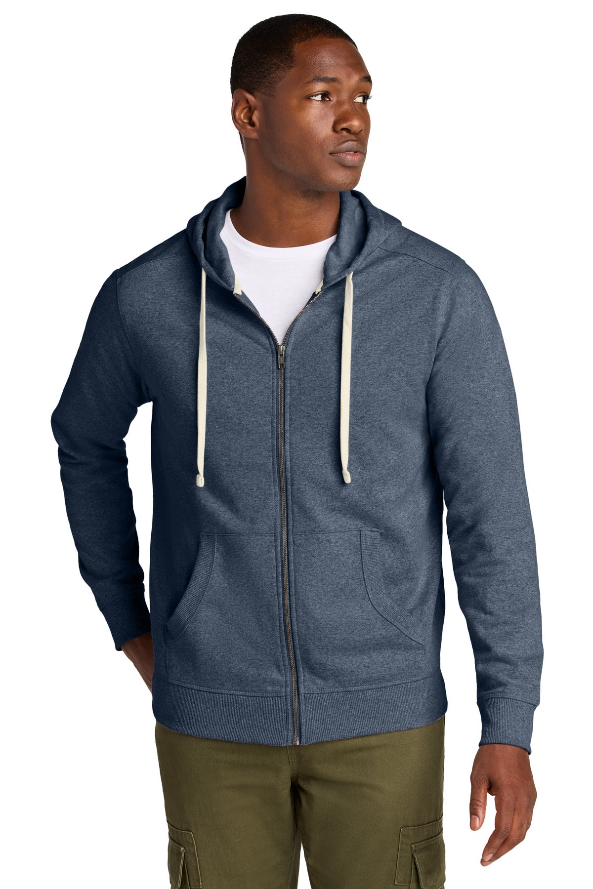 Front View of Hthrd Navy District Re-Fleece Full-Zip Hoodie DT8102