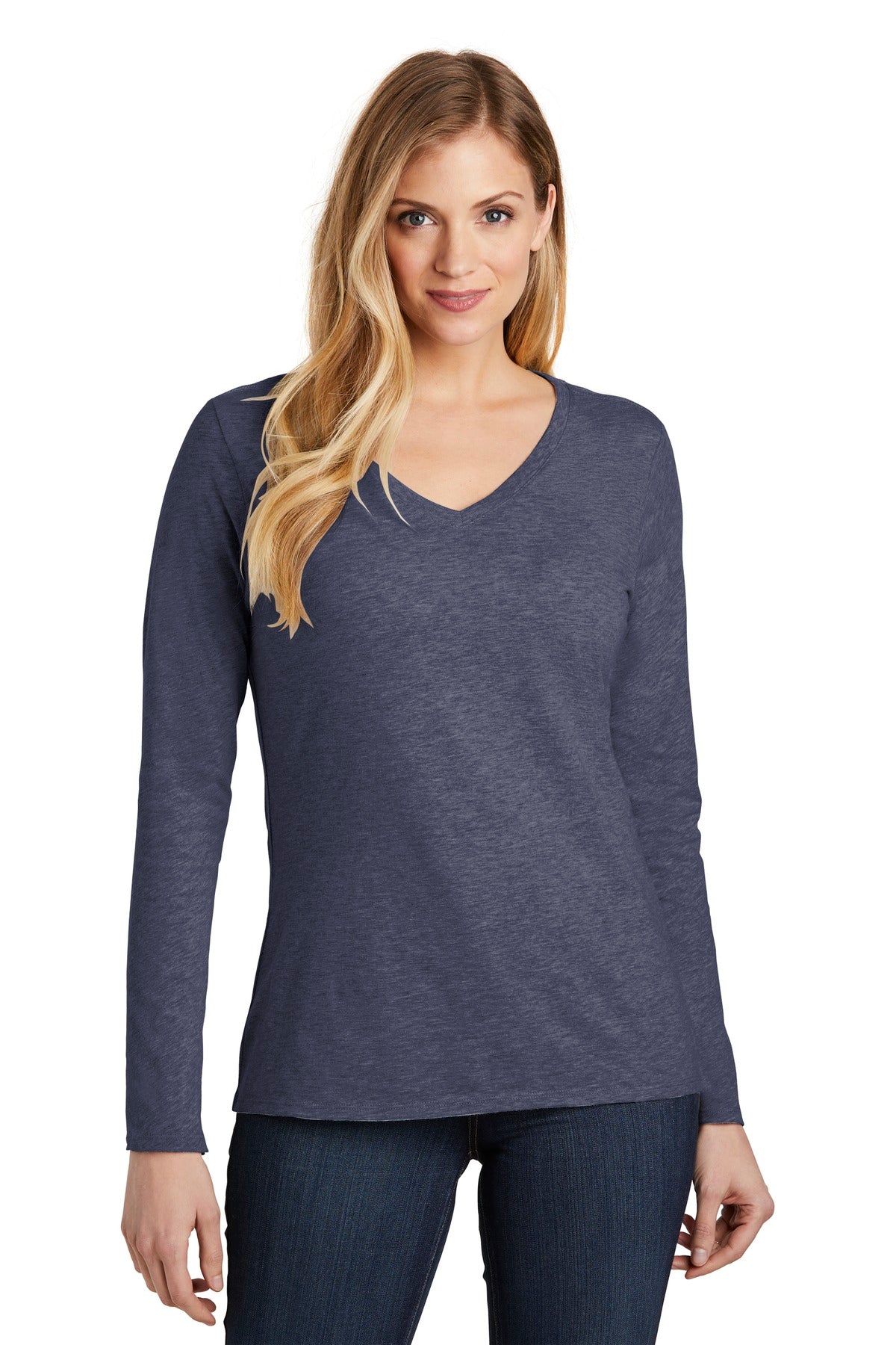 Front View of Hthrd Navy District Women's Very Important Tee Long Sleeve V-Neck. DT6201