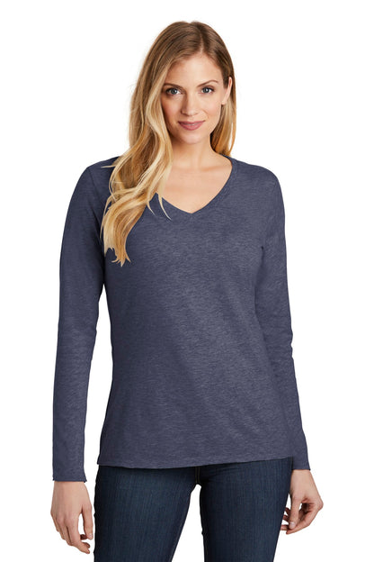 Front View of Hthrd Navy District Women's Very Important Tee Long Sleeve V-Neck. DT6201