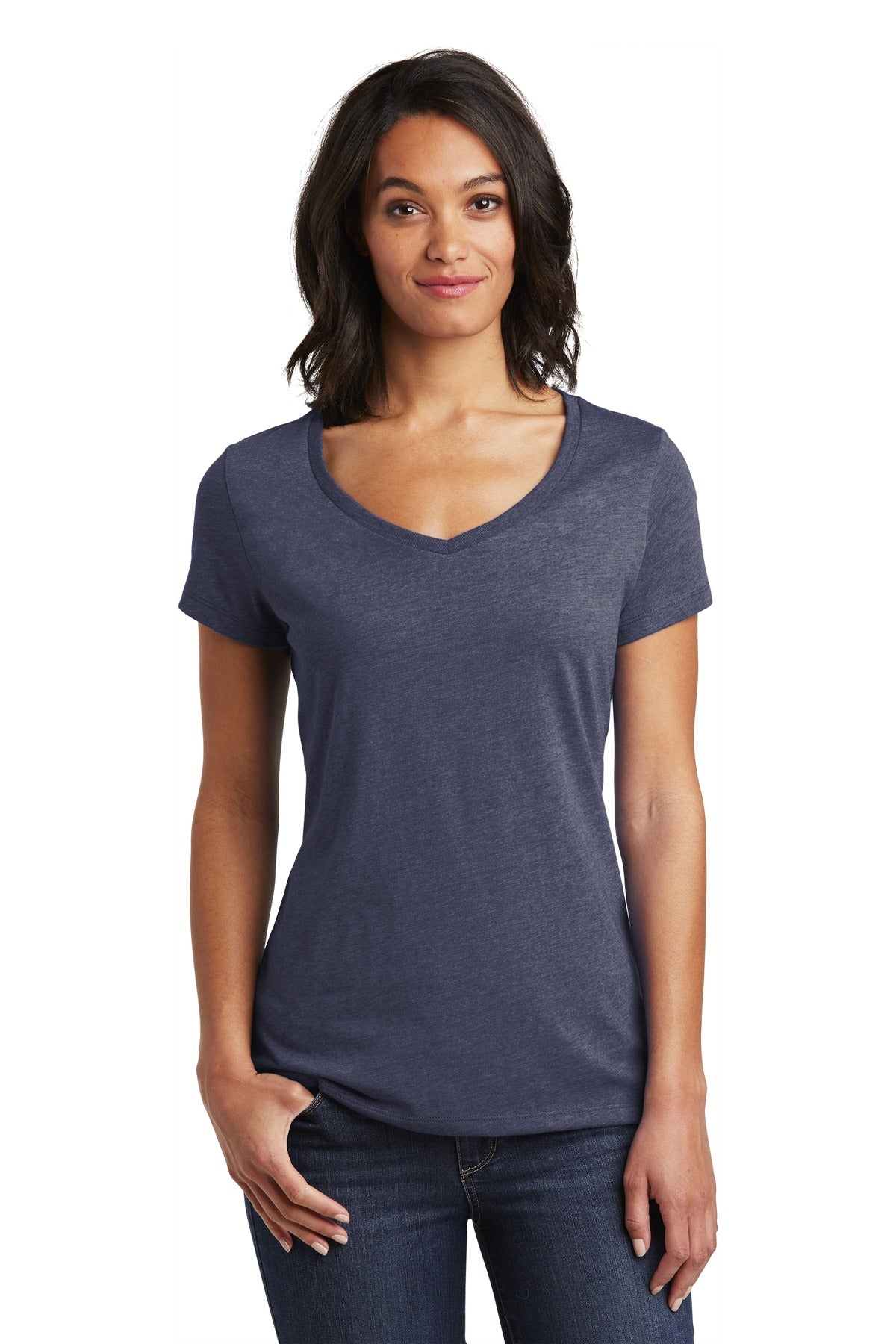 Front View of Hthrd Navy District Women's Very Important Tee V-Neck. DT6503