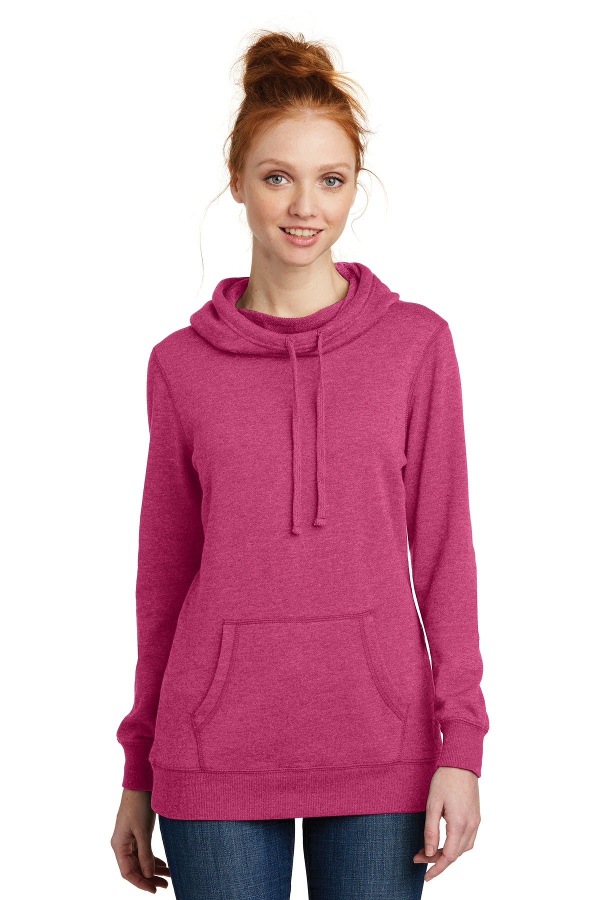 Front View of Hthrd Pink Aza District Women's Lightweight Fleece Hoodie. DM493