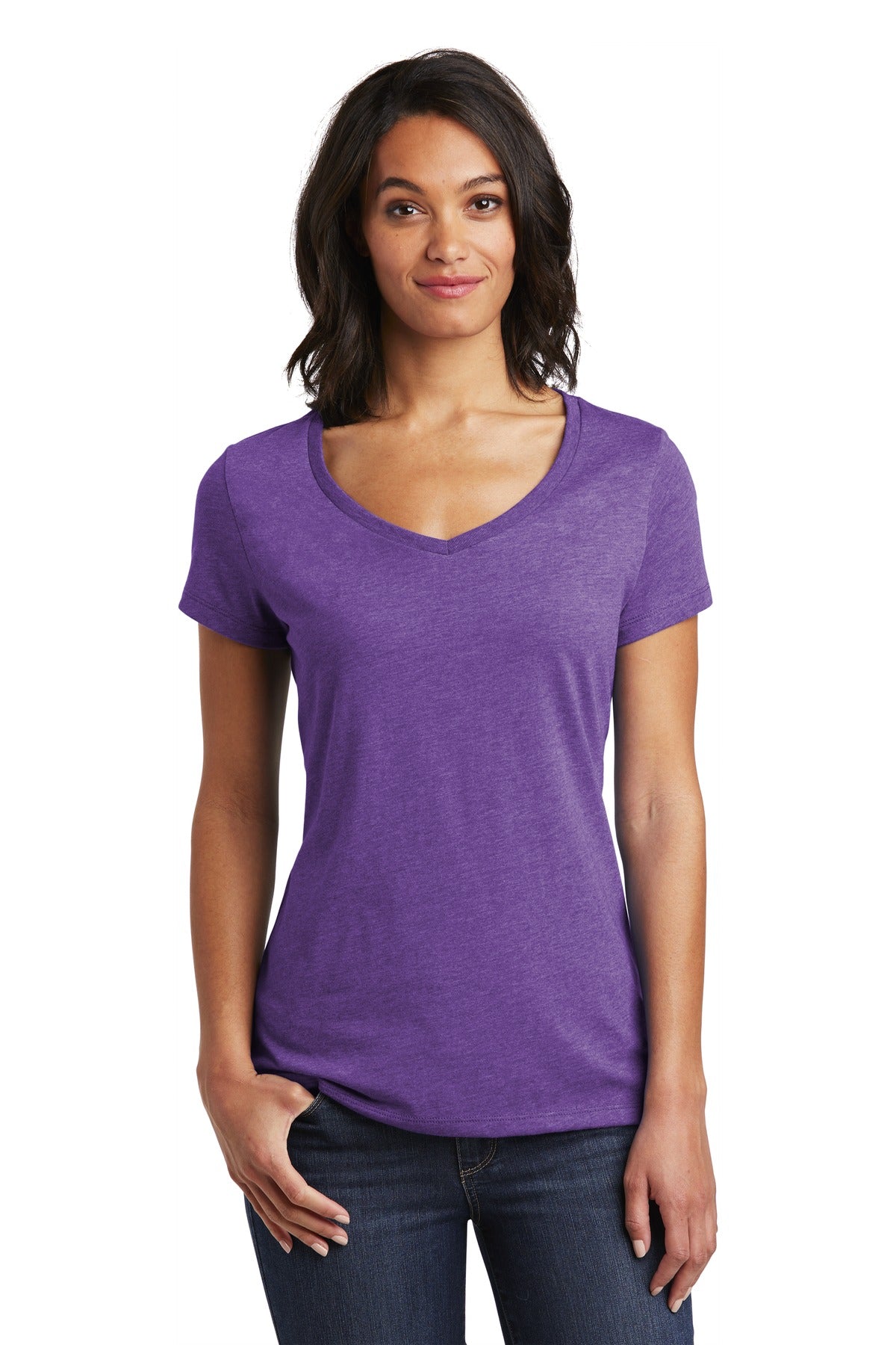 Front View of Hthrd Purple District Women's Very Important Tee V-Neck. DT6503