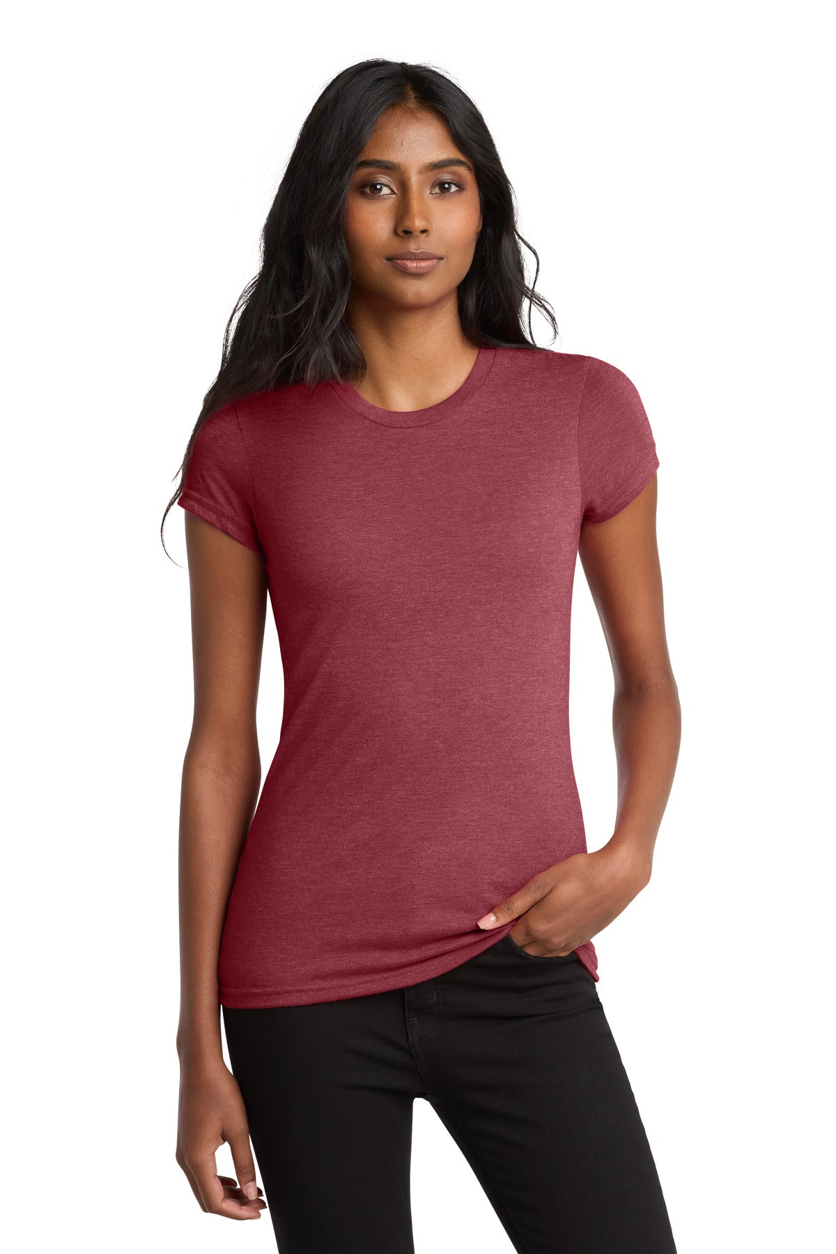 Front View of Hthrd Red District Women's Fitted Very Important Tee . DT6001