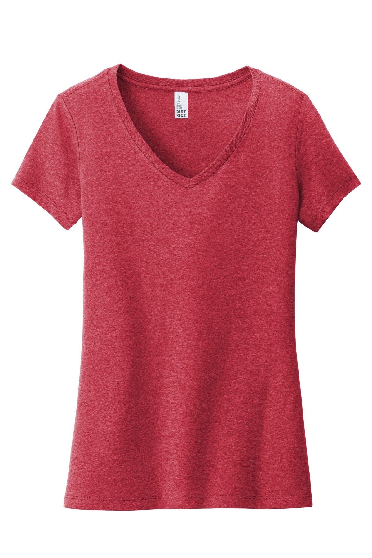 Front View of Hthrd Red District Women's Very Important Tee V-Neck. DT6503