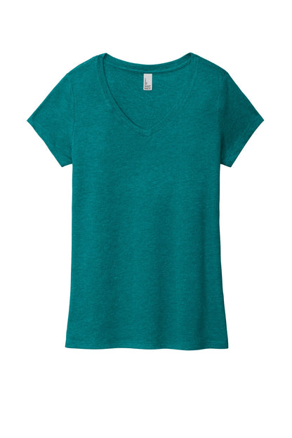 Front View of Hthrd Teal District Women's Perfect Tri V-Neck Tee. DM1350L