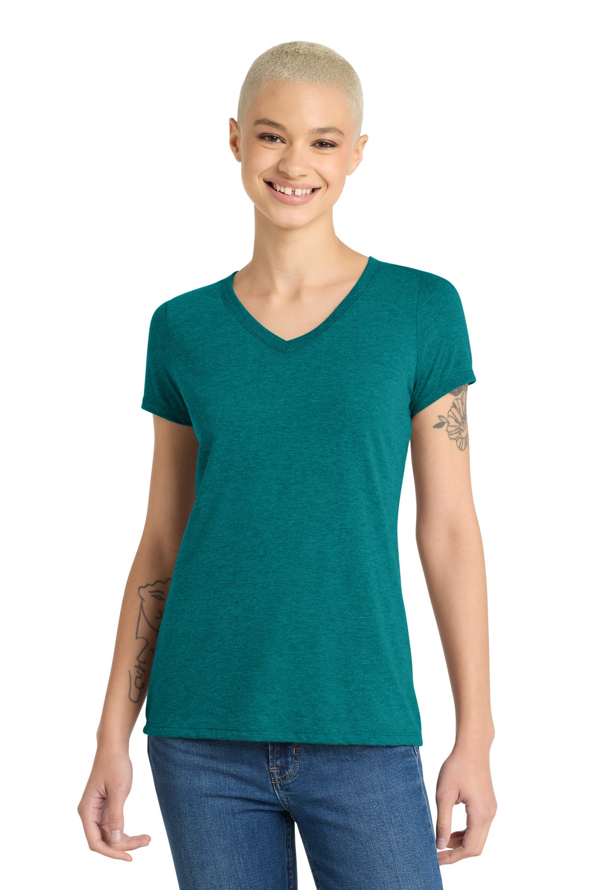 Front View of Hthrd Teal District Women's Perfect Tri V-Neck Tee. DM1350L