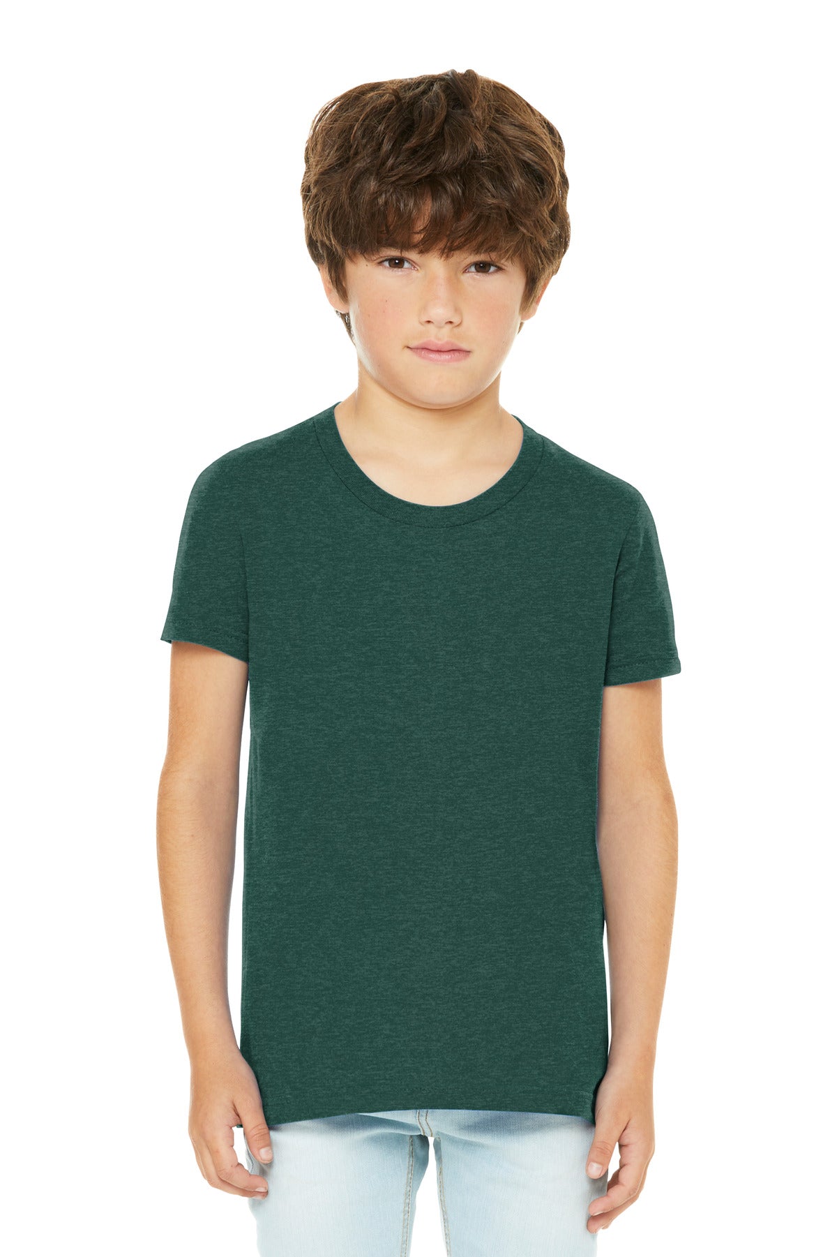 Front View of HthrForest BELLA+CANVAS Youth Heather CVC Tee BC3001YCVC