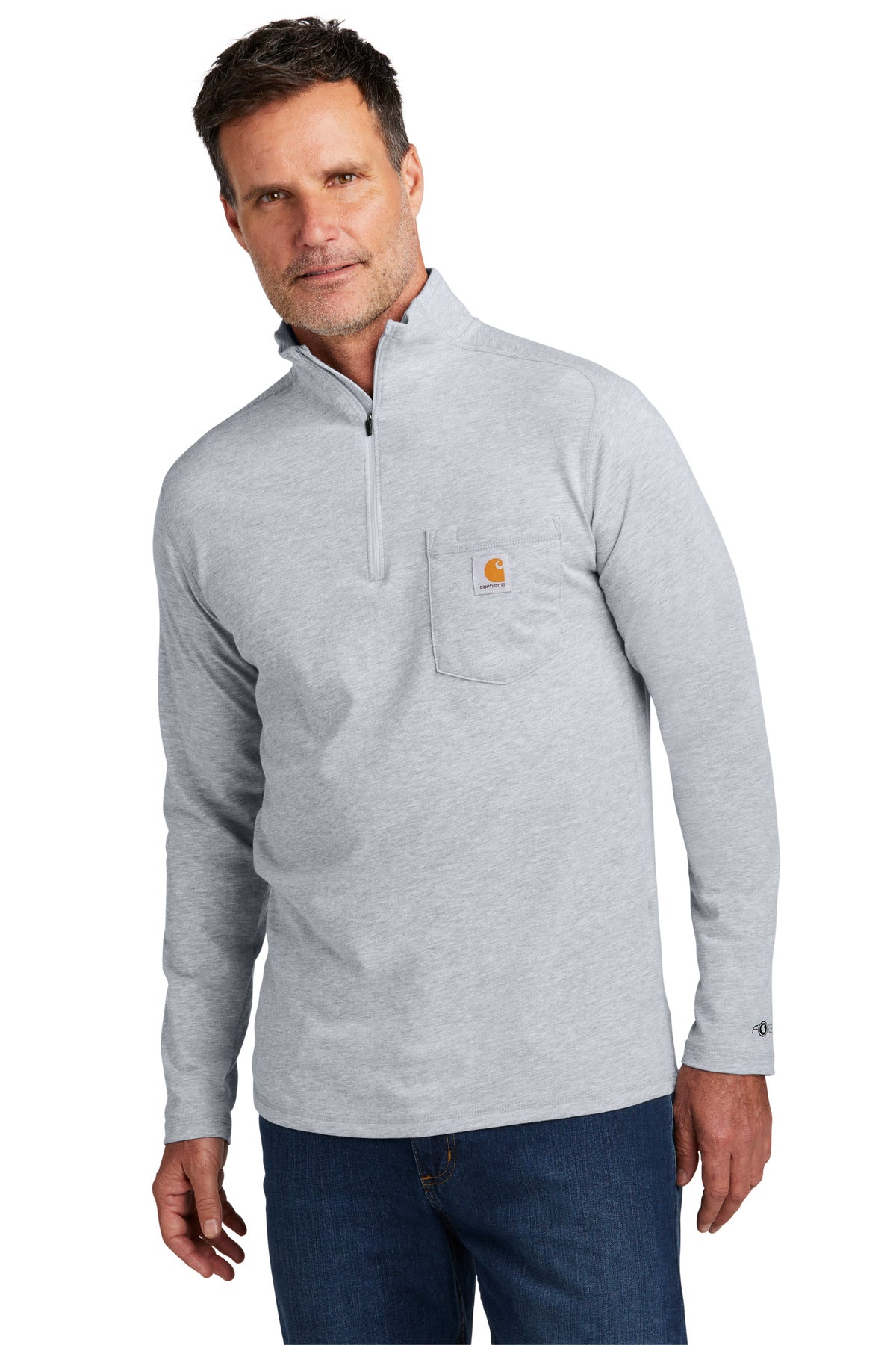 Front View of HthrGrey Carhartt Force 1/4-Zip Long Sleeve T-Shirt CT106660