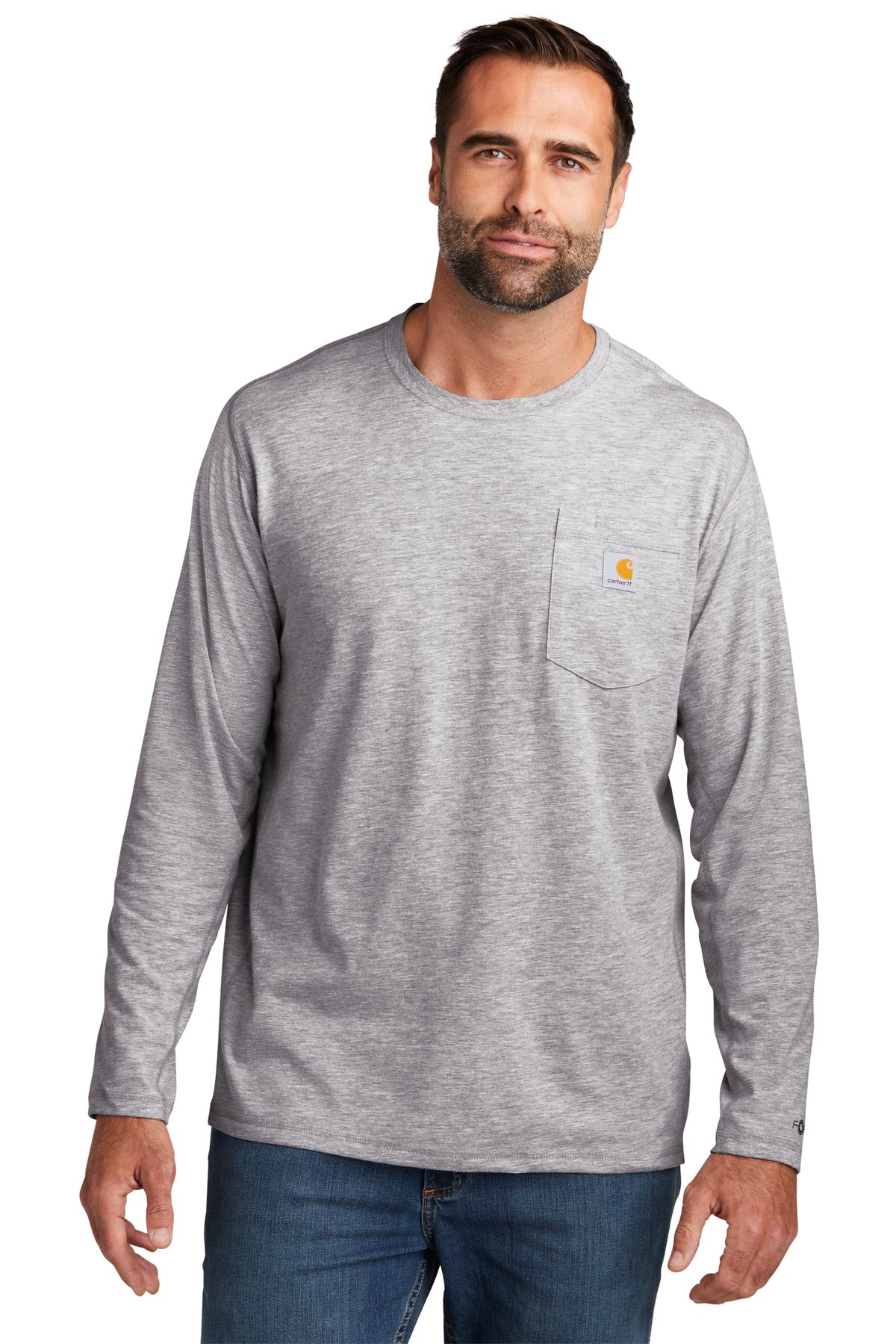 Front View of HthrGrey Carhartt Force Long Sleeve Pocket T-Shirt CT106656