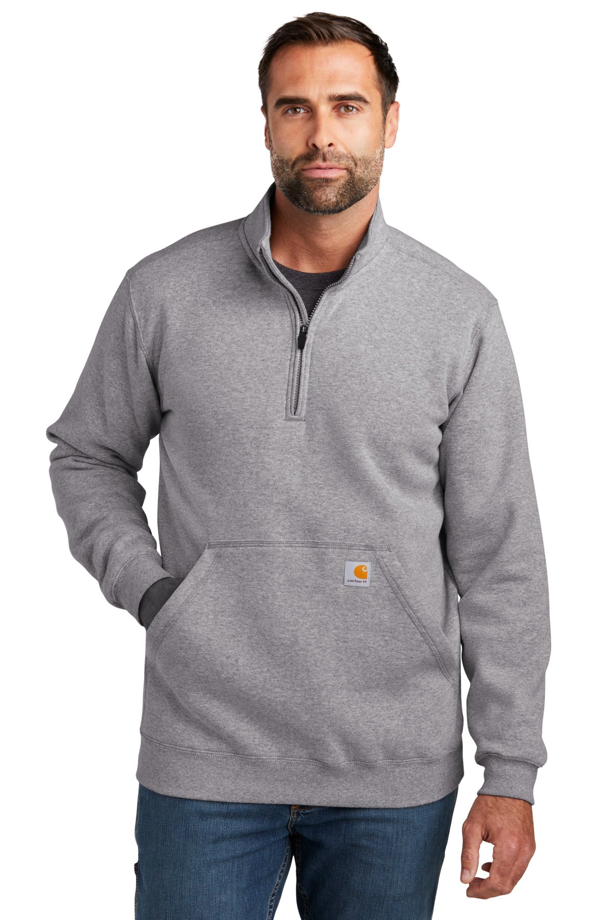 Front View of HthrGrey Carhartt Midweight 1/4-Zip Mock Neck Sweatshirt CT105294