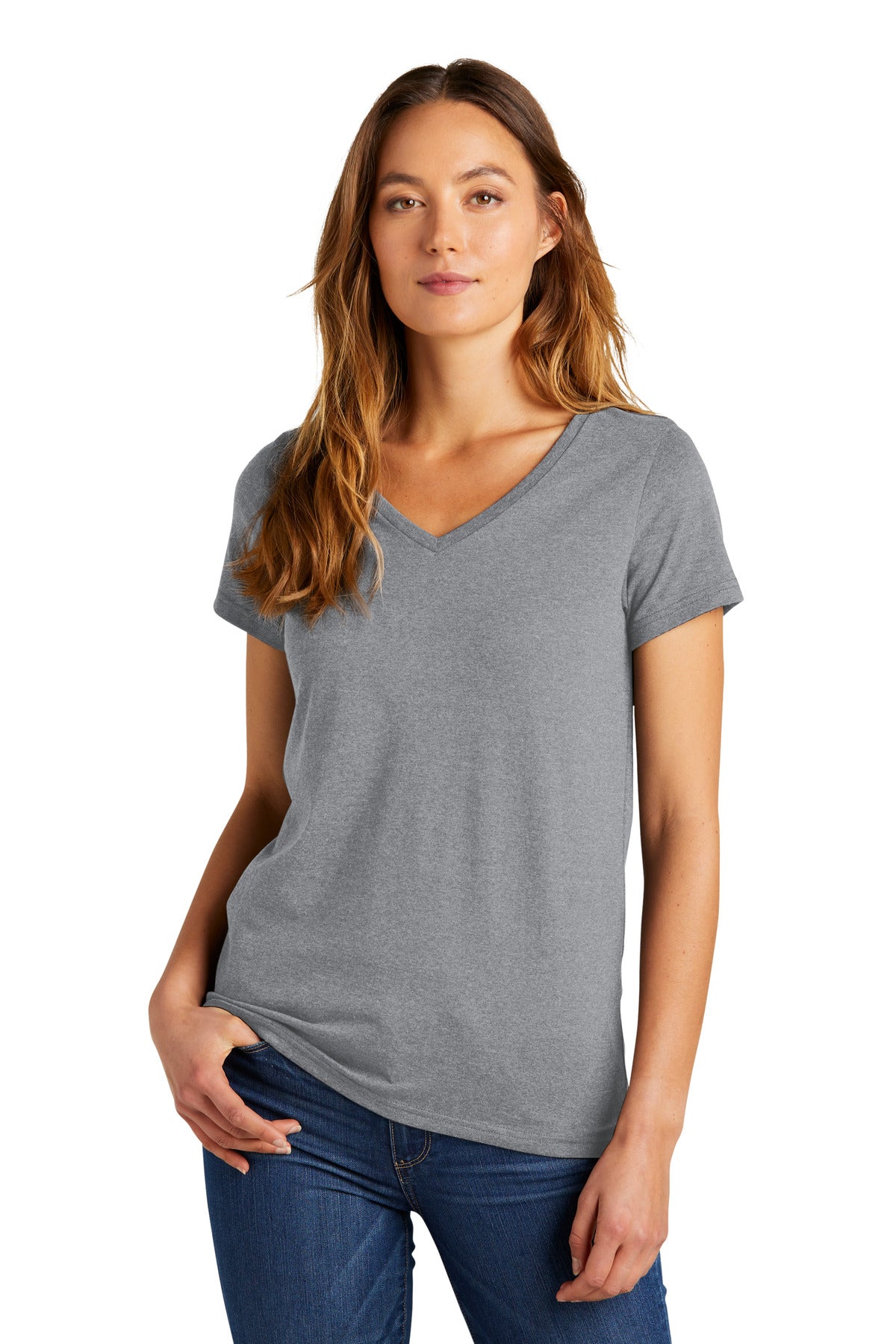 Front View of HthrGrey District Women's The Concert Tee V-Neck DT5002