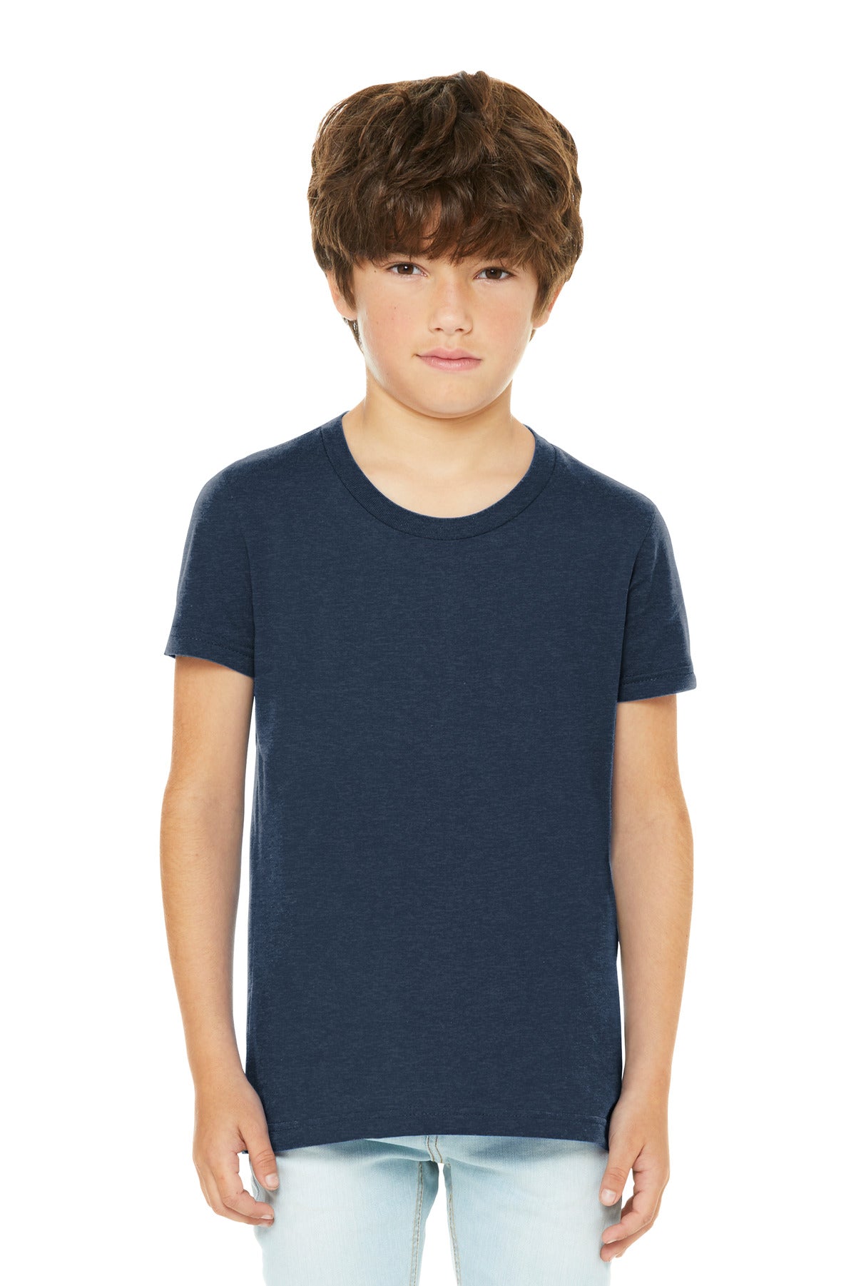 Front View of HthrNavy BELLA+CANVAS Youth Heather CVC Tee BC3001YCVC