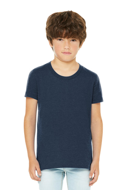 Front View of HthrNavy BELLA+CANVAS Youth Heather CVC Tee BC3001YCVC