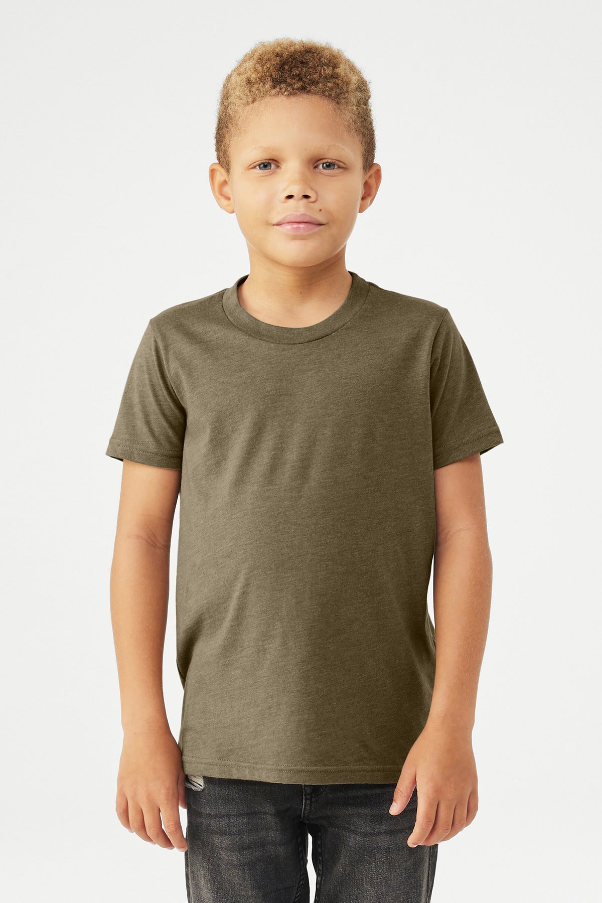Front View of HthrOlive BELLA+CANVAS Youth Heather CVC Tee BC3001YCVC
