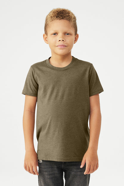 Front View of HthrOlive BELLA+CANVAS Youth Heather CVC Tee BC3001YCVC