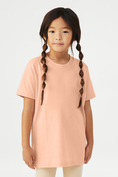 Front View of HthrPeach BELLA+CANVAS Youth Heather CVC Tee BC3001YCVC