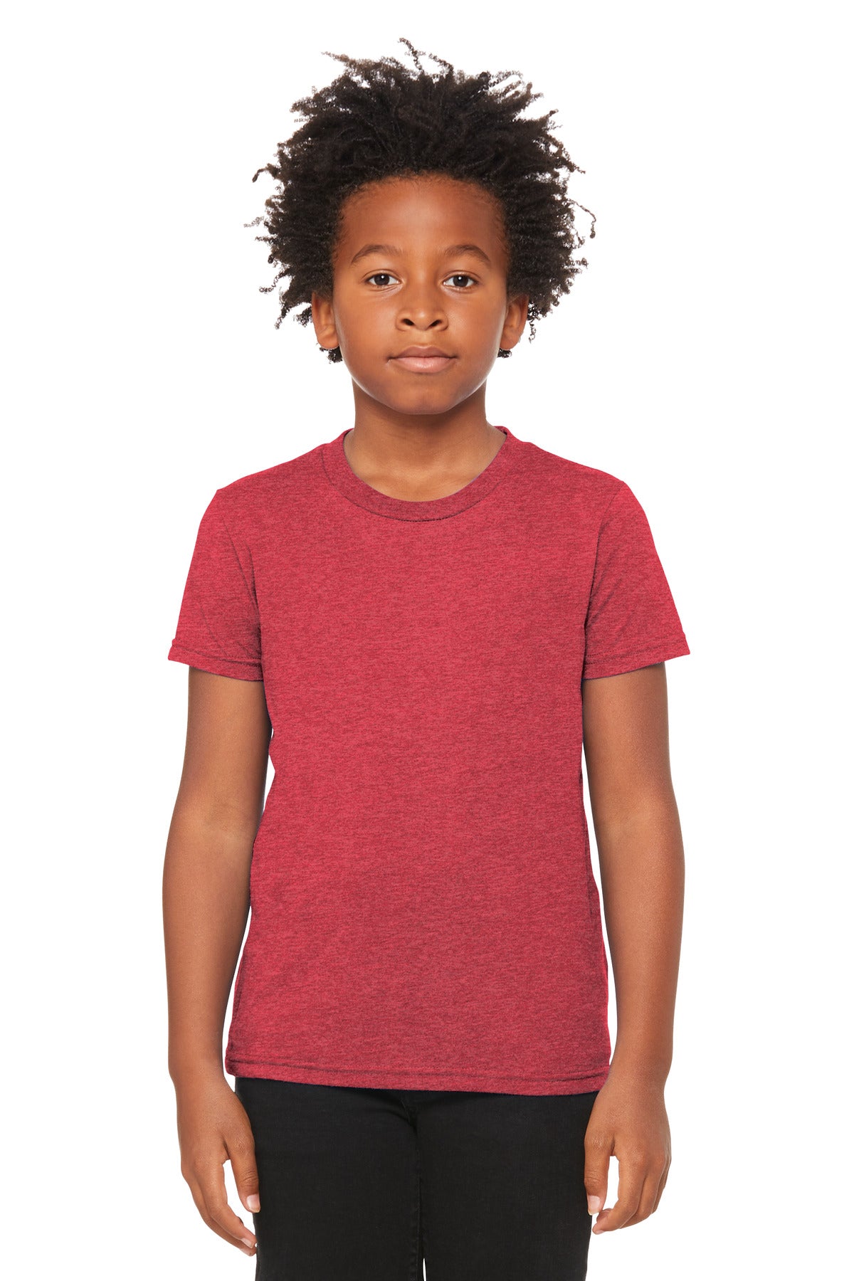 Front View of HthrRed BELLA+CANVAS Youth Heather CVC Tee BC3001YCVC