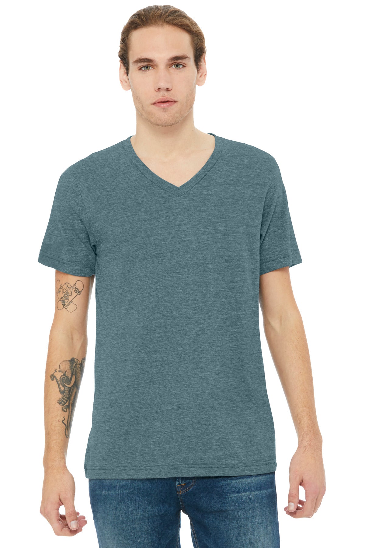Front View of HthrSlate BELLA+CANVAS Unisex Heather CVC V-Neck Tee BC3005CVC