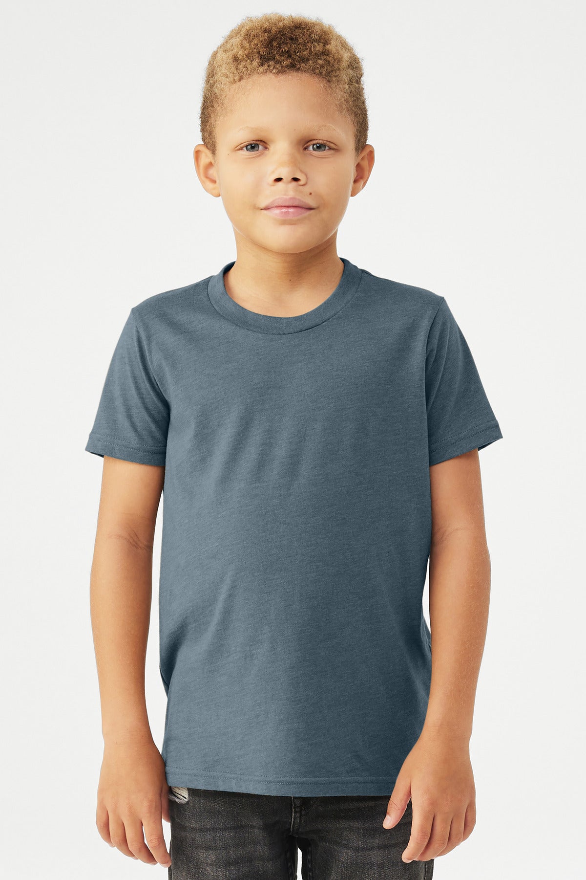 Front View of HthrSlate BELLA+CANVAS Youth Heather CVC Tee BC3001YCVC