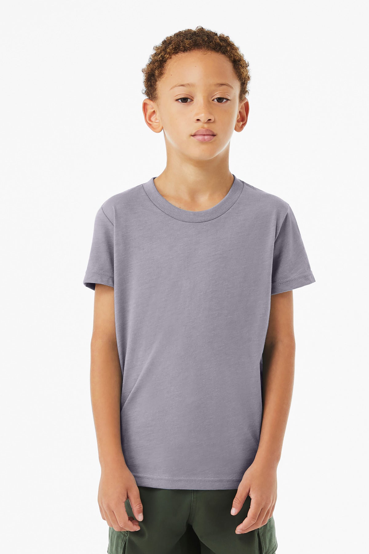 Front View of HthrStorm BELLA+CANVAS Youth Heather CVC Tee BC3001YCVC