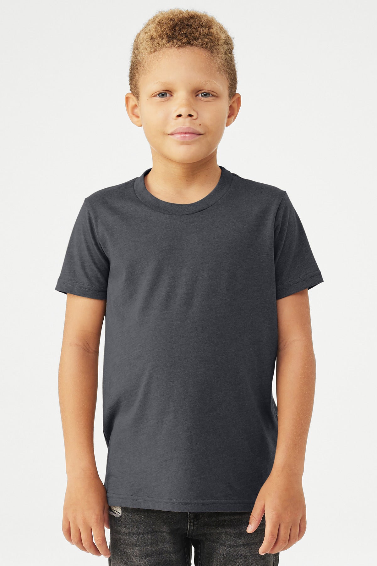 Front View of HtMdntNavy BELLA+CANVAS Youth Heather CVC Tee BC3001YCVC
