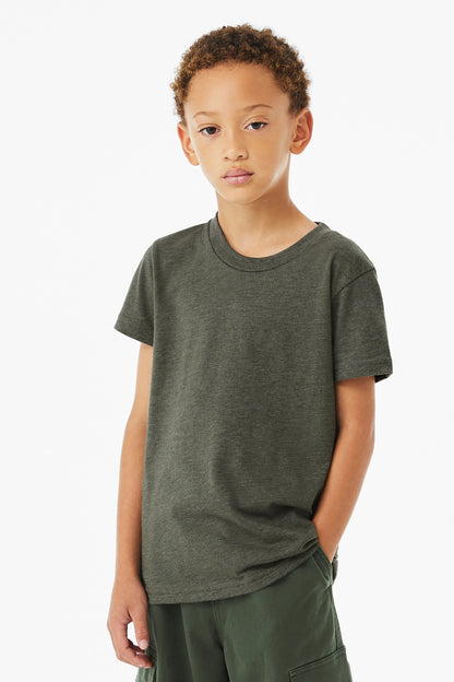 Front View of HtMltGrn BELLA+CANVAS Youth Heather CVC Tee BC3001YCVC