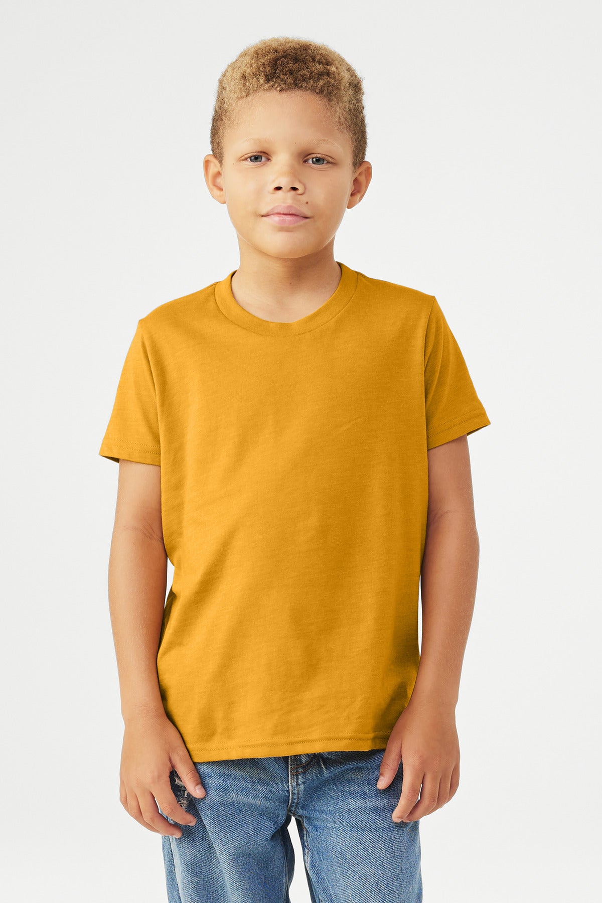 Front View of HtMustard BELLA+CANVAS Youth Heather CVC Tee BC3001YCVC