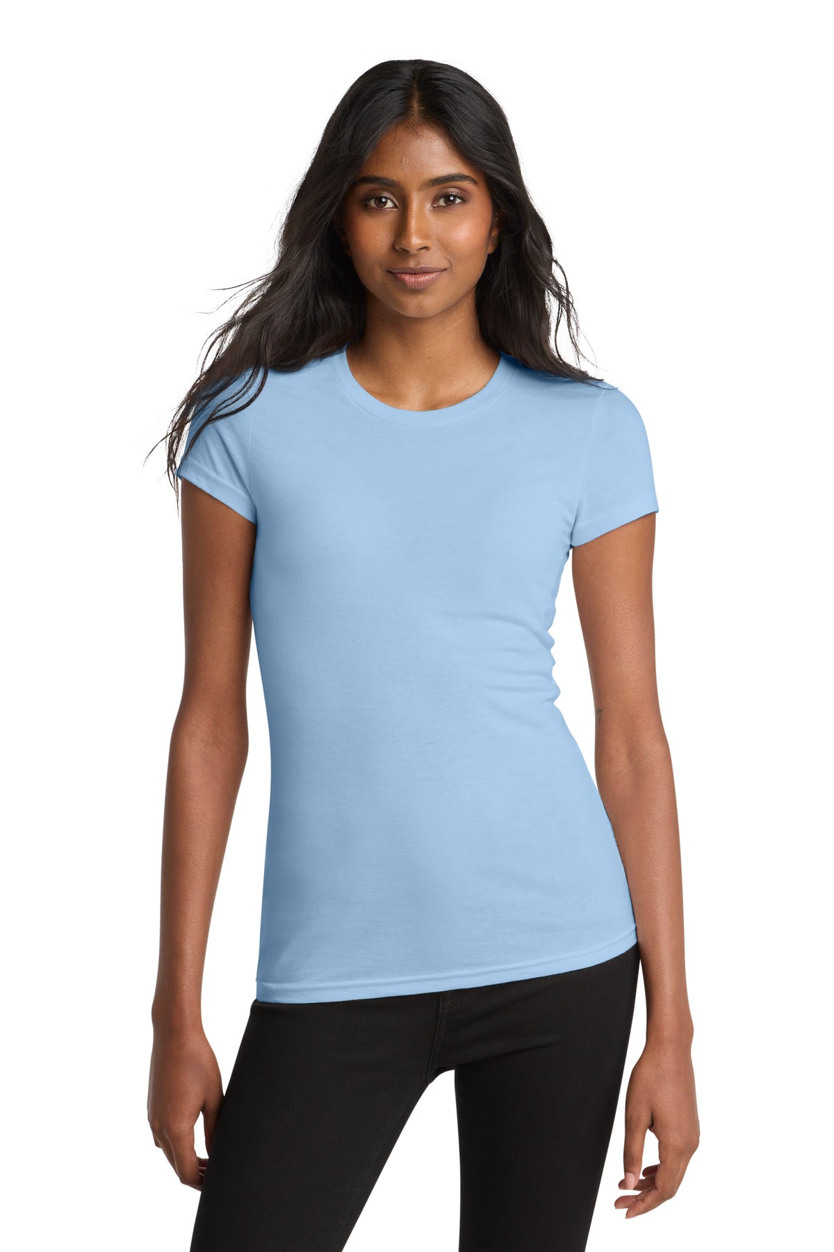 Front View of Ice Blue District Women's Fitted Very Important Tee . DT6001