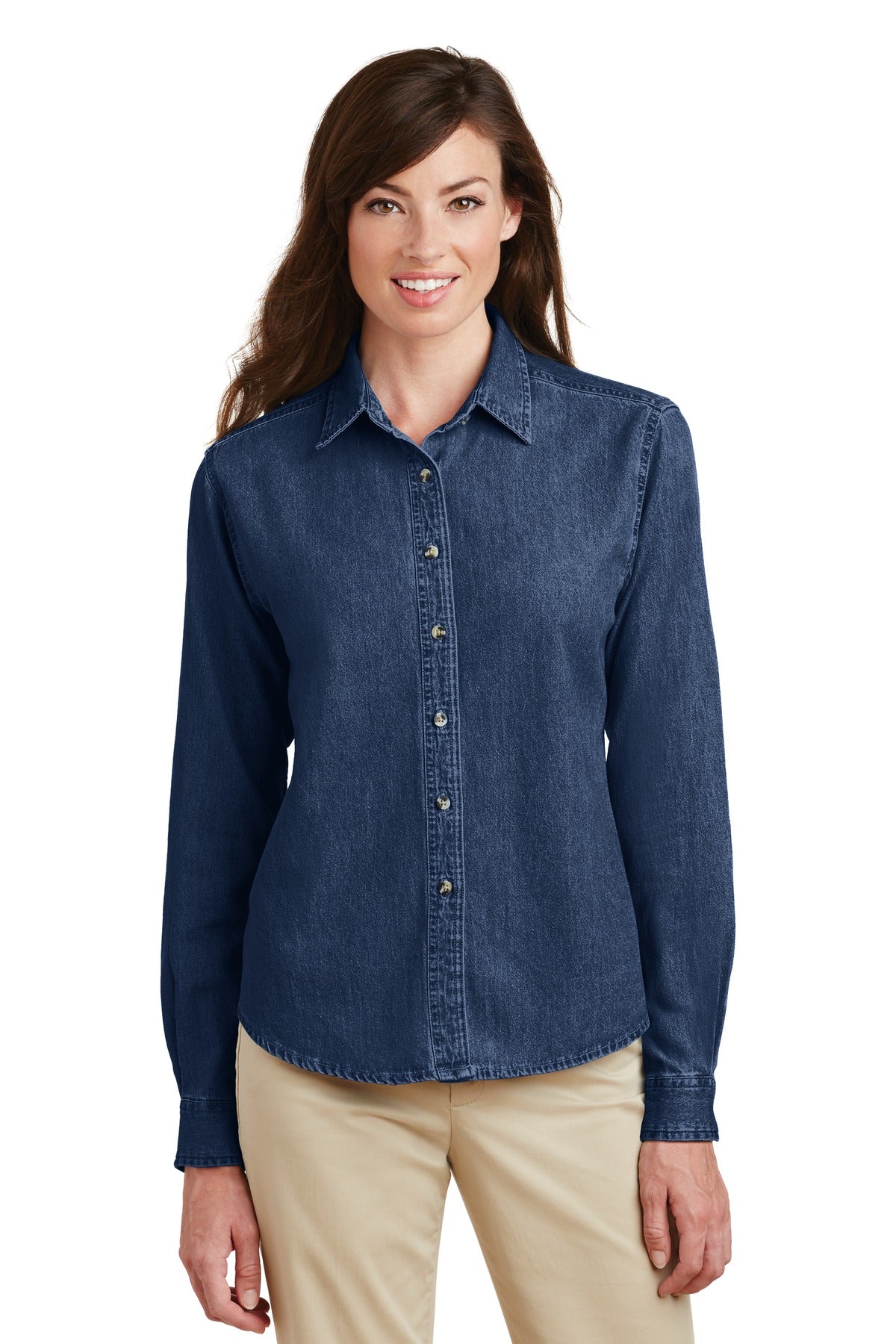 Front View of Ink Port & Company Women's Long Sleeve Value Denim Shirt. LSP10