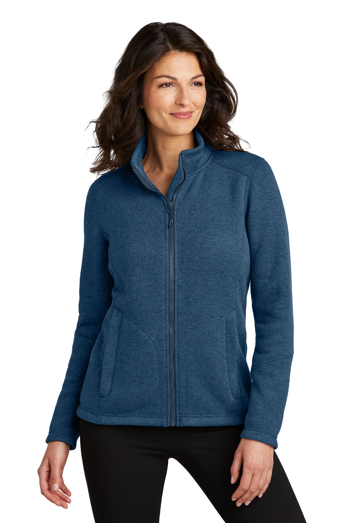 Front View of InsigBlHtr Port Authority Women's Arc Sweater Fleece Jacket L428