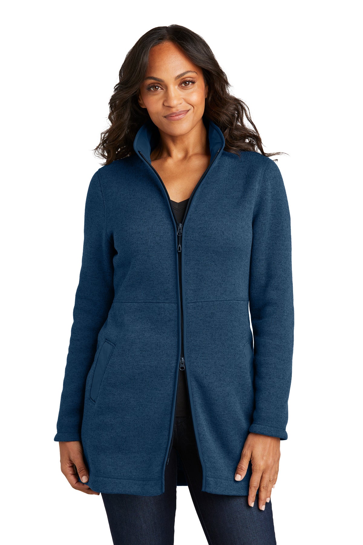 Front View of InsigBlHtr Port Authority Women's Arc Sweater Fleece Long Jacket L425