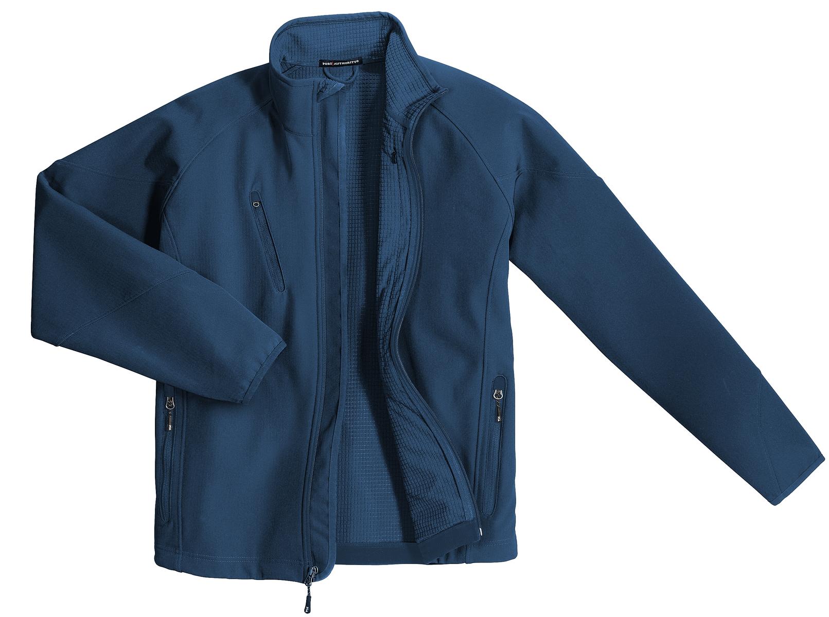 Front View of Insignia Blue Port Authority Textured Soft Shell Jacket. J705