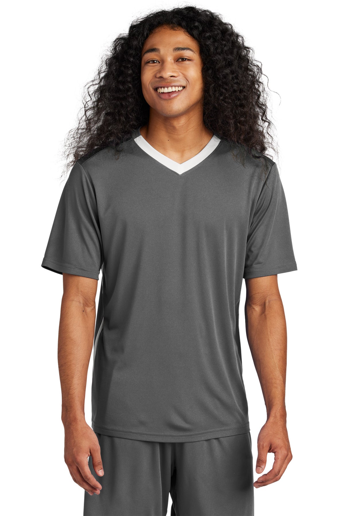 Front View of IrGy/White Sport-Tek Competitor United V-Neck ST101