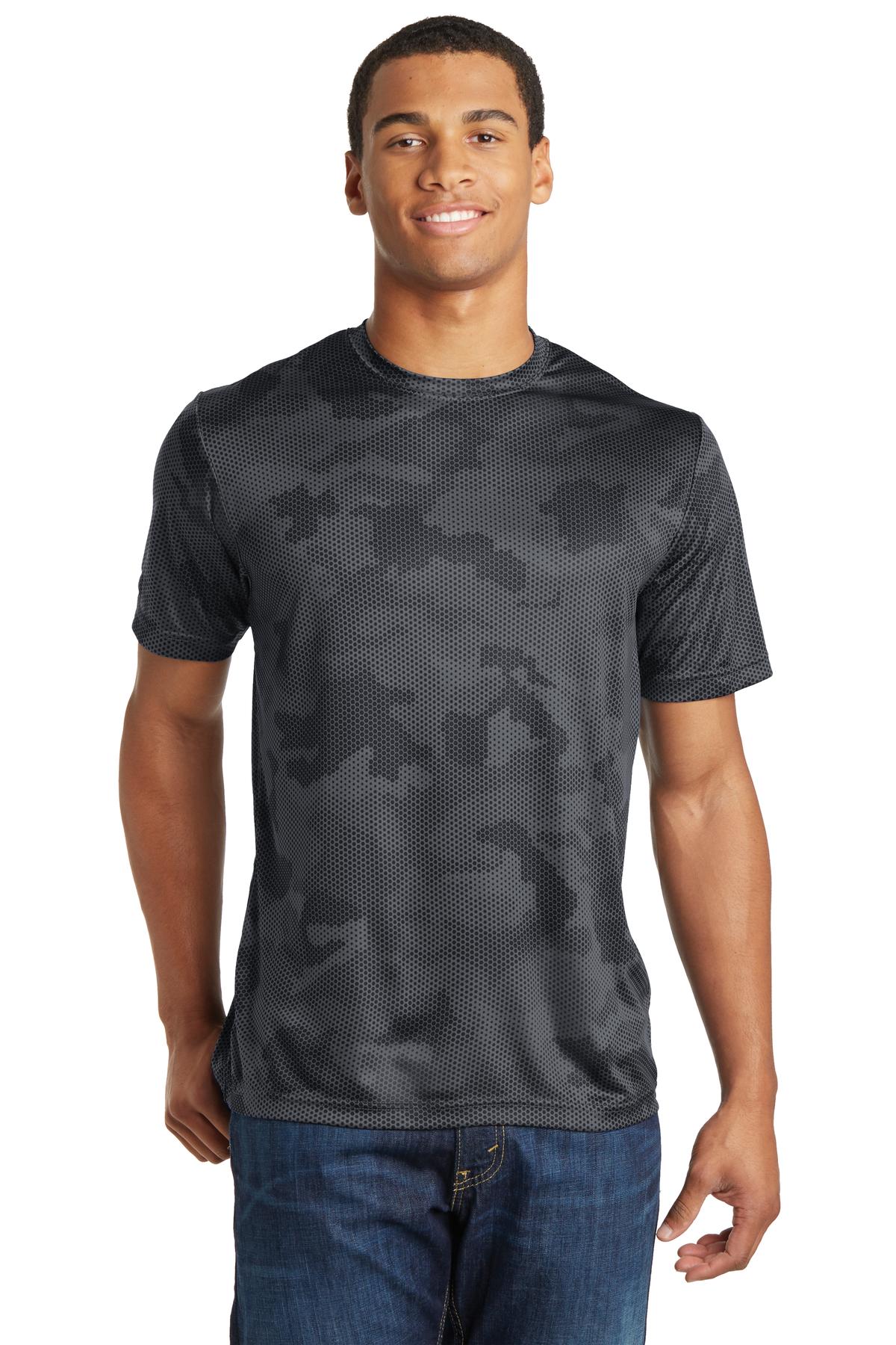Front View of Iron Grey Sport-Tek CamoHex Tee. ST370
