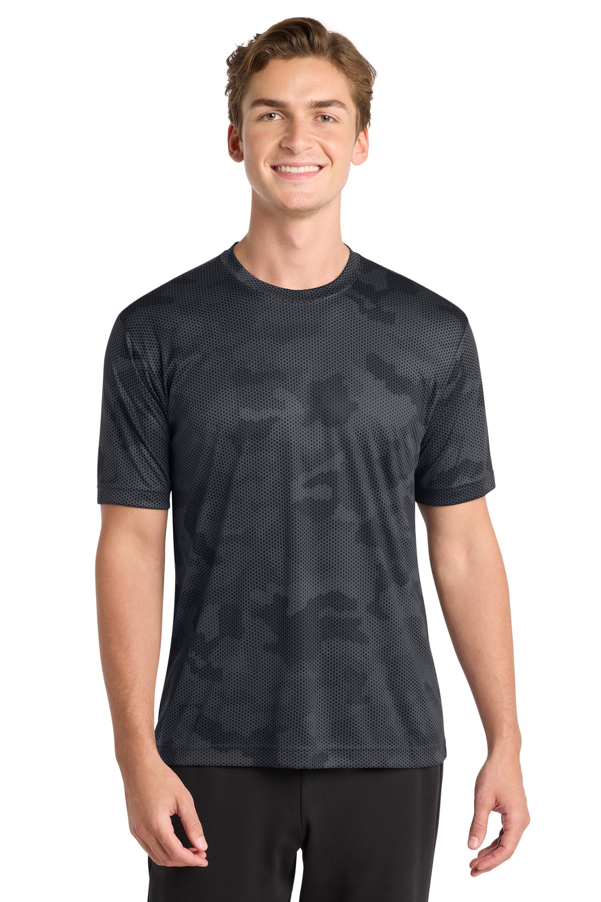 Front View of Iron Grey Sport-Tek CamoHex Tee. ST370