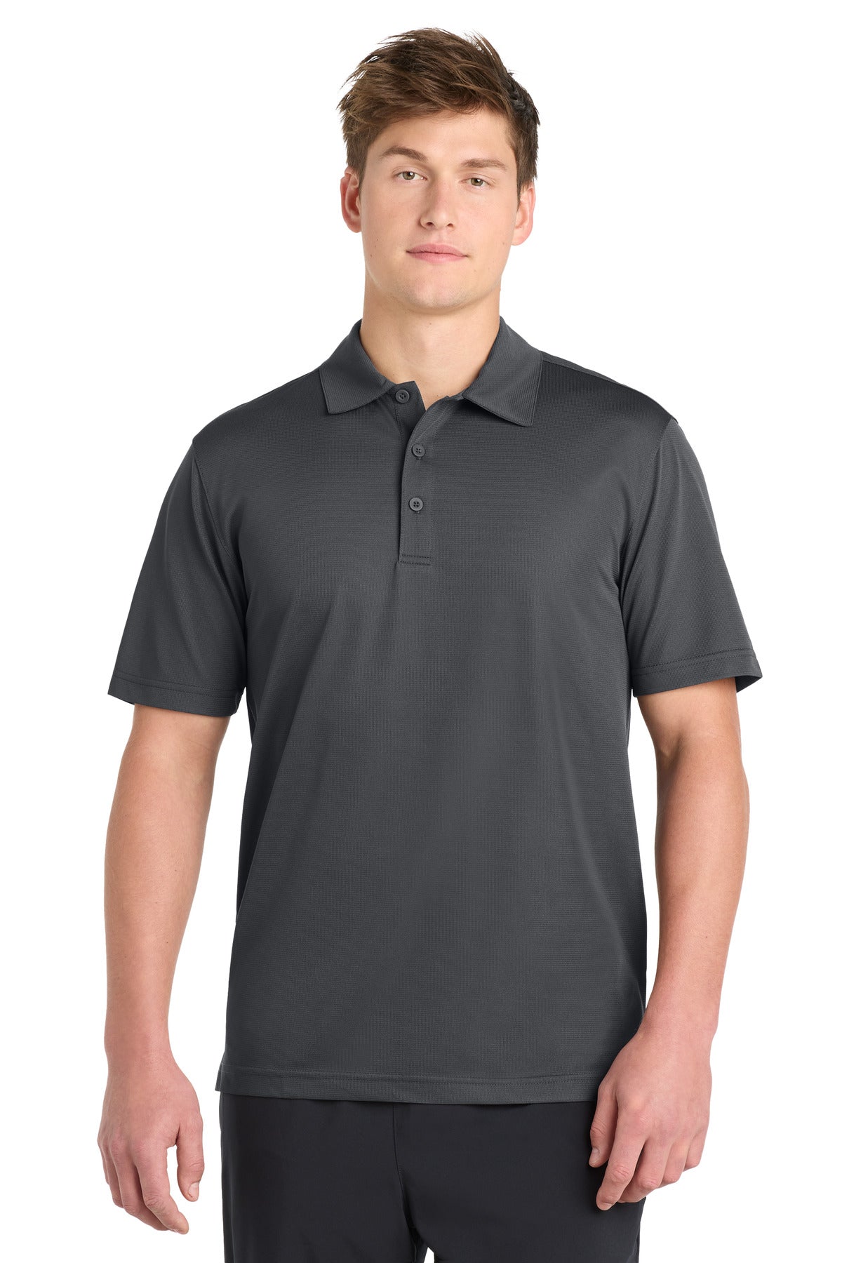 Front View of Iron Grey Sport-Tek PosiCharge Active Textured Polo. ST690