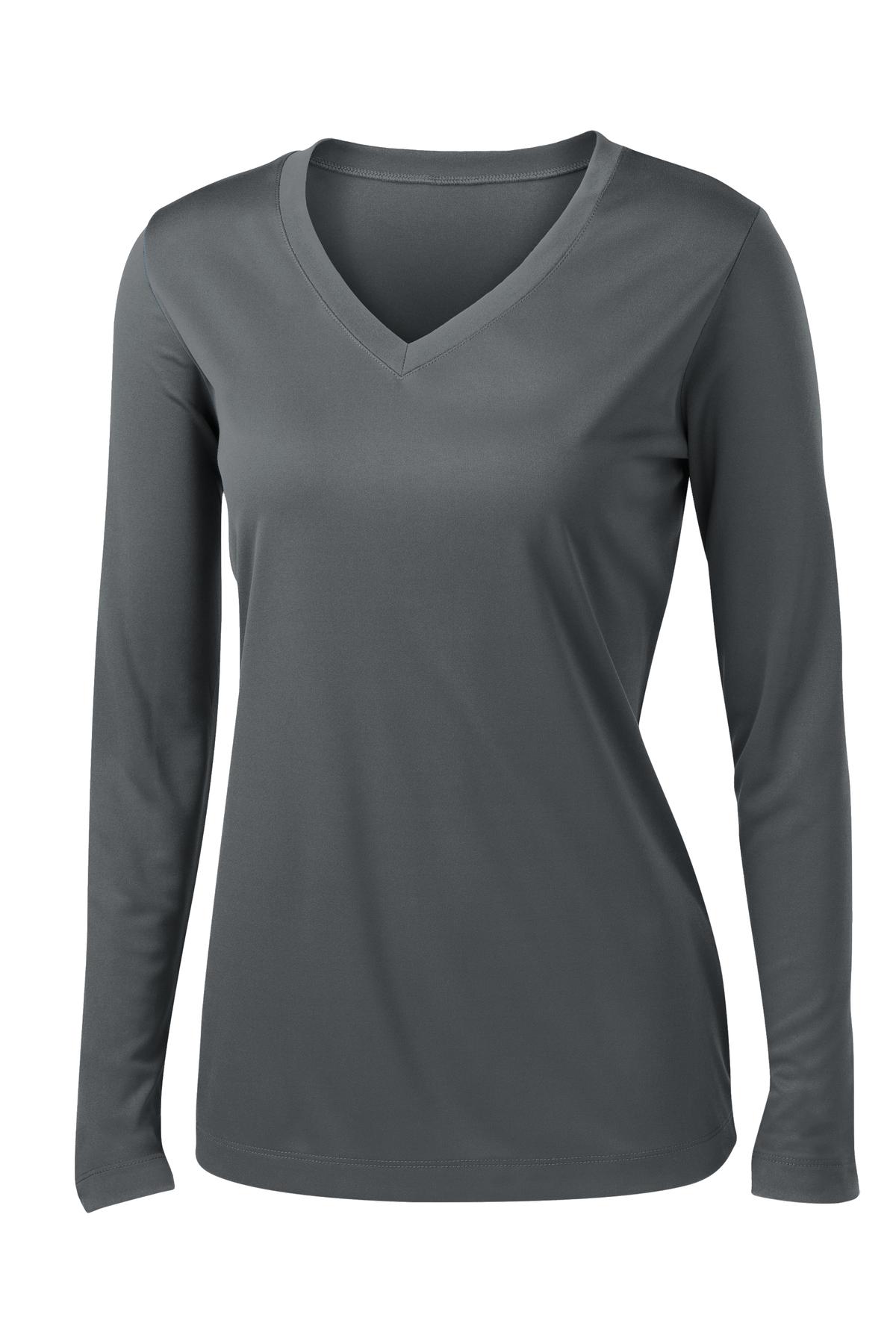 Front View of Iron Grey Sport-Tek Women's Long Sleeve PosiCharge Competitor V-Neck Tee. LST353LS