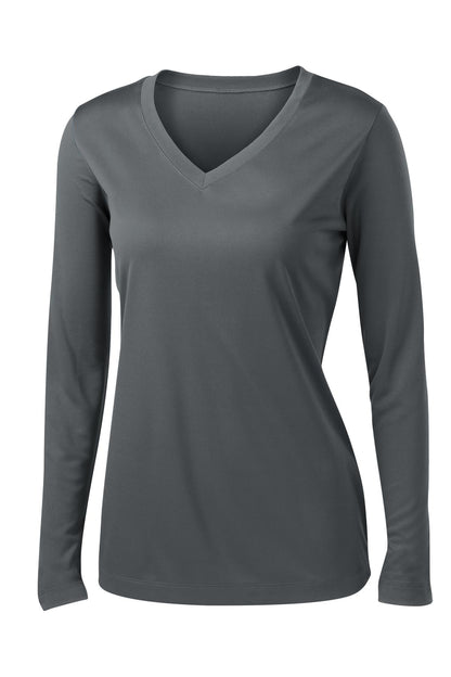 Front View of Iron Grey Sport-Tek Women's Long Sleeve PosiCharge Competitor V-Neck Tee. LST353LS