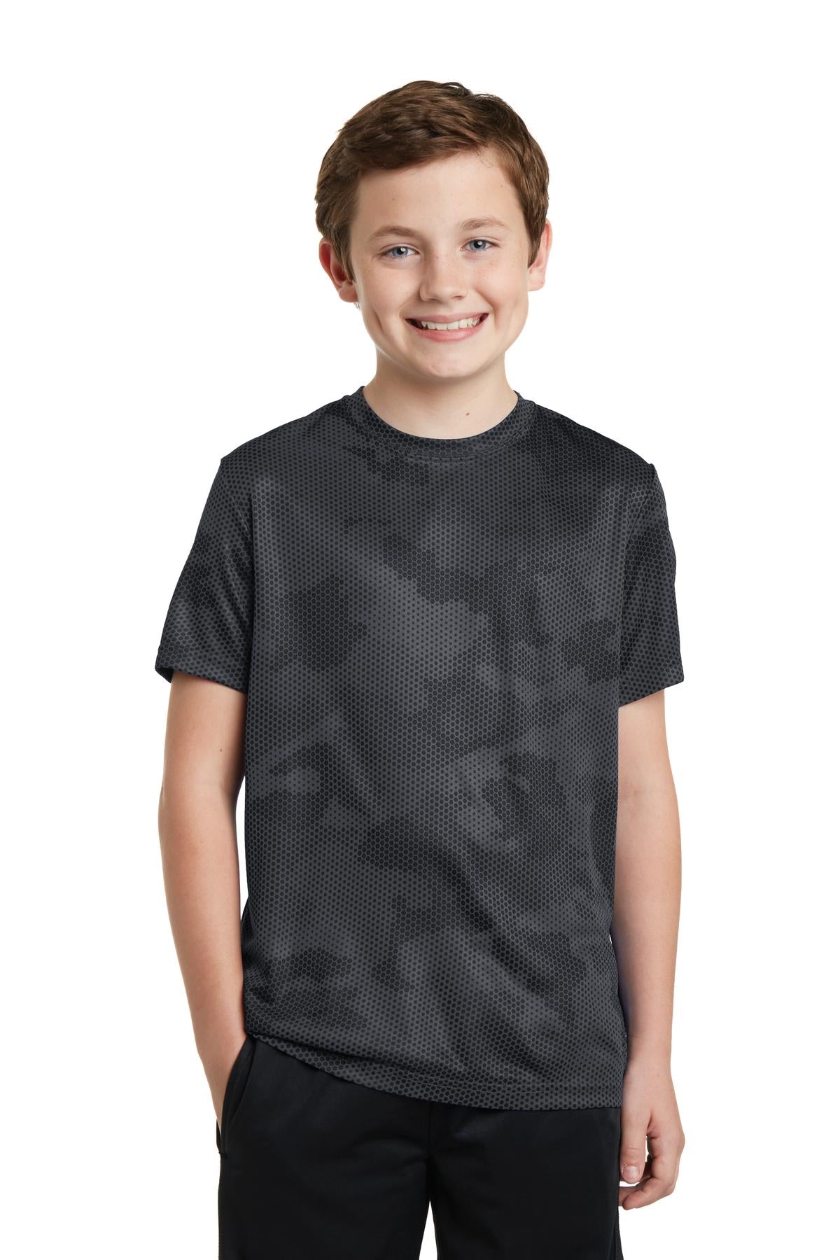Front View of Iron Grey Sport-Tek Youth CamoHex Tee. YST370