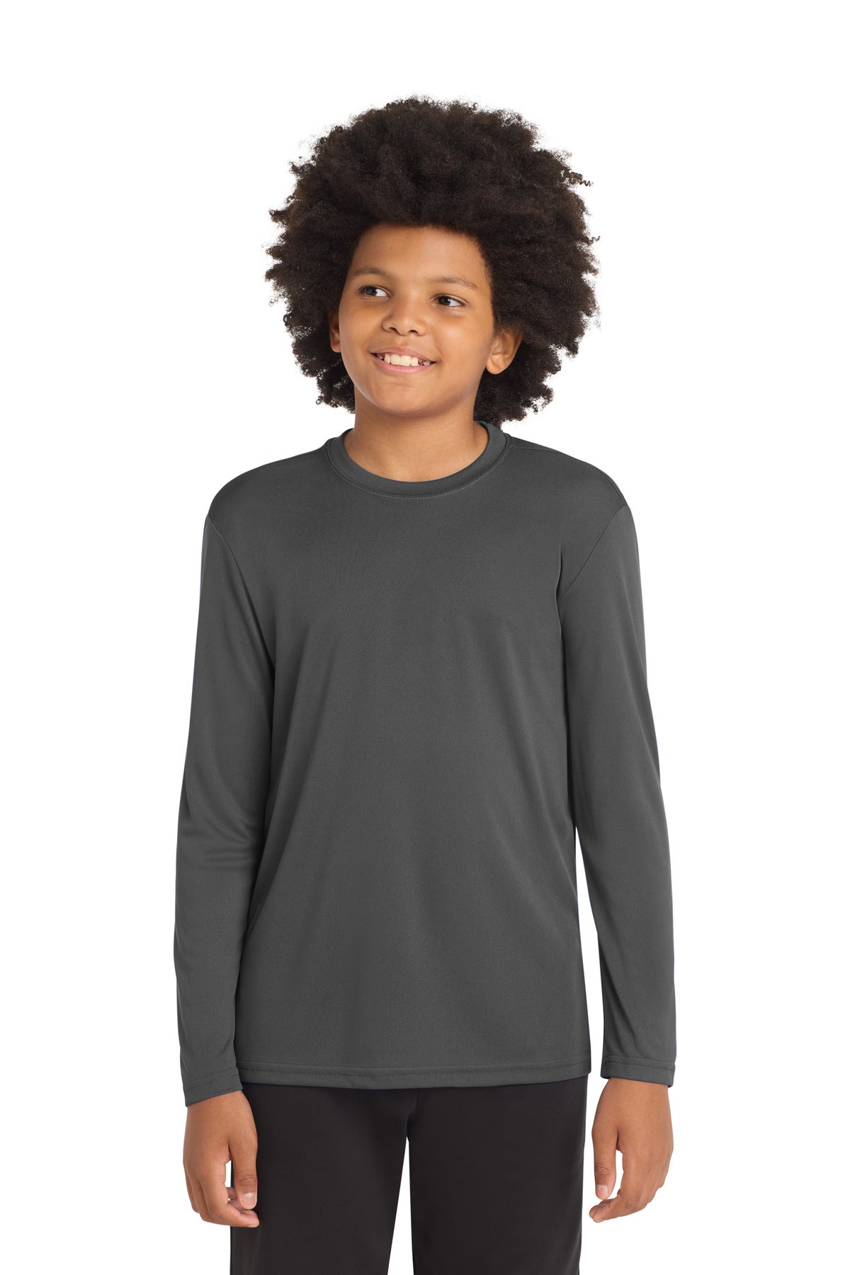 Front View of Iron Grey Sport-Tek Youth Long Sleeve PosiCharge Competitor Tee. YST350LS