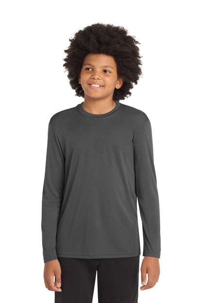 Front View of Iron Grey Sport-Tek Youth Long Sleeve PosiCharge Competitor Tee. YST350LS
