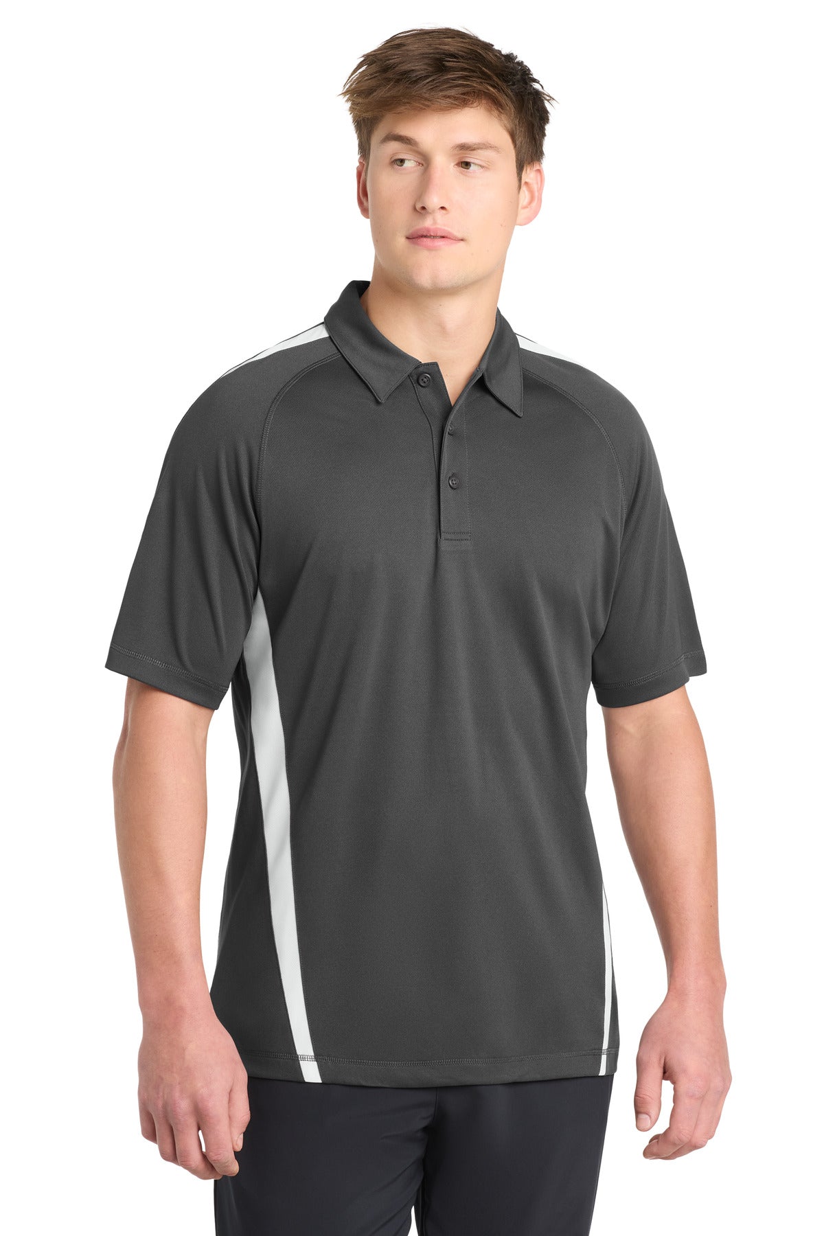 Front View of Iron Grey/Wht Sport-Tek PosiCharge Micro-Mesh Colorblock Polo. ST685
