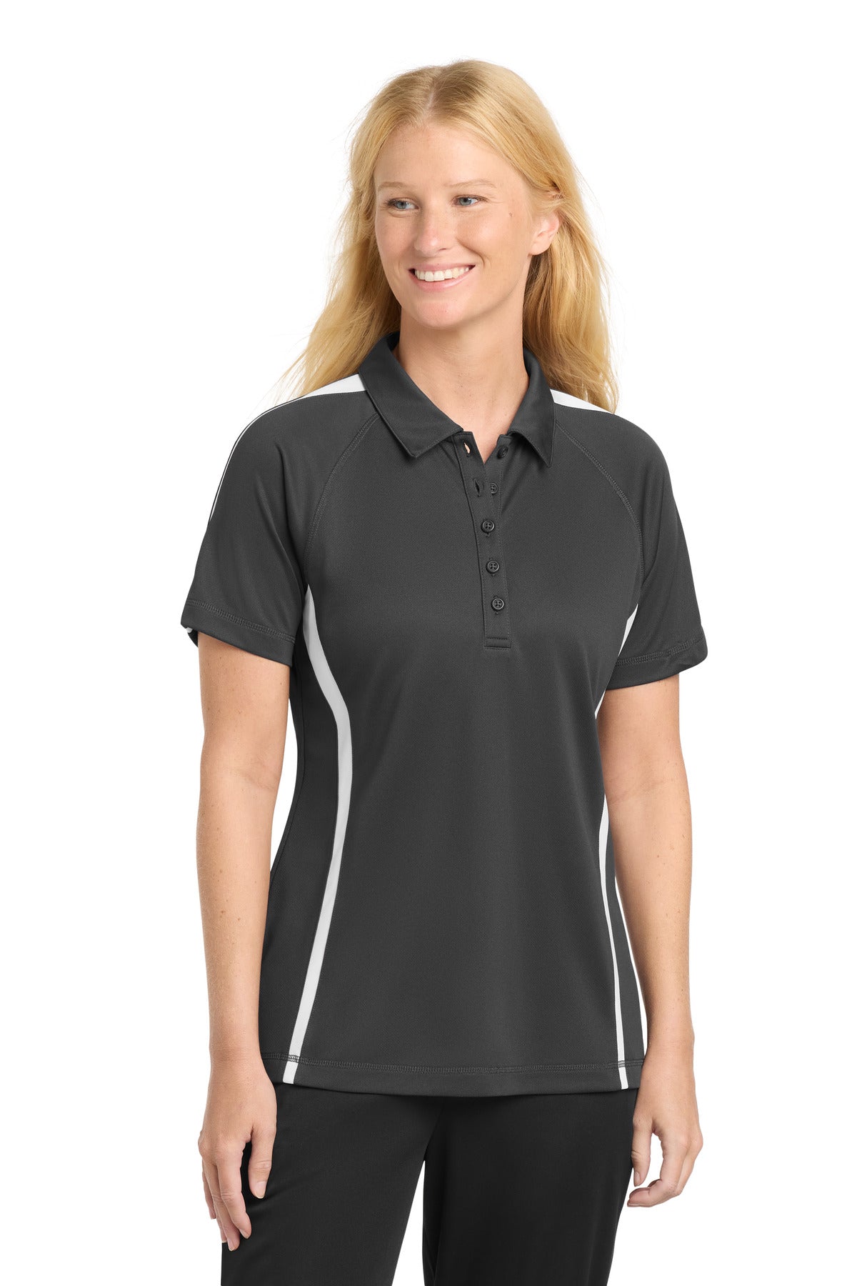 Front View of Iron Grey/Wht Sport-Tek Women's PosiCharge Micro-Mesh Colorblock Polo. LST685