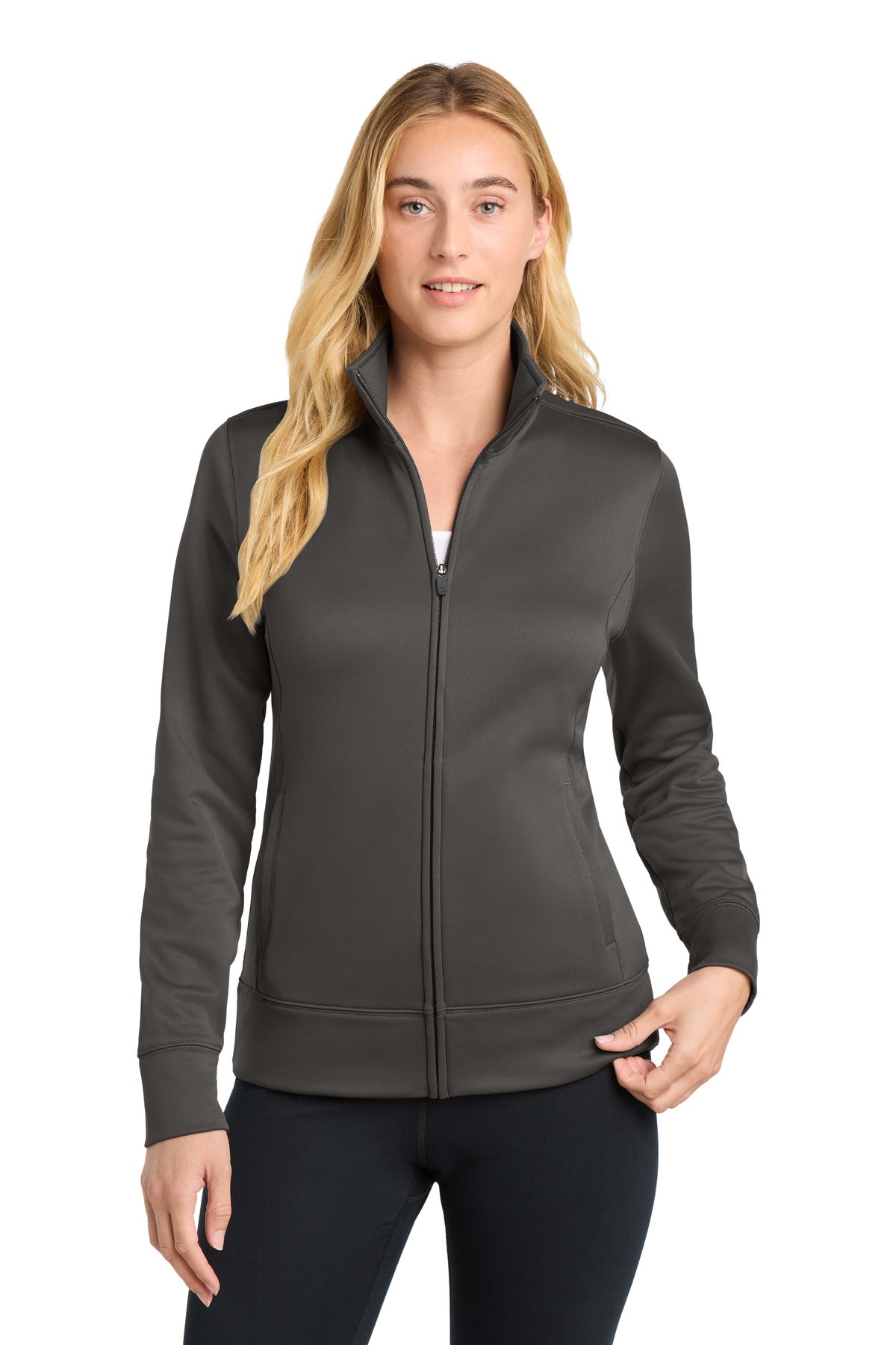 Front View of IronGrey Sport-Tek Women's Sport-Wick Fleece Full-Zip Jacket. LST241