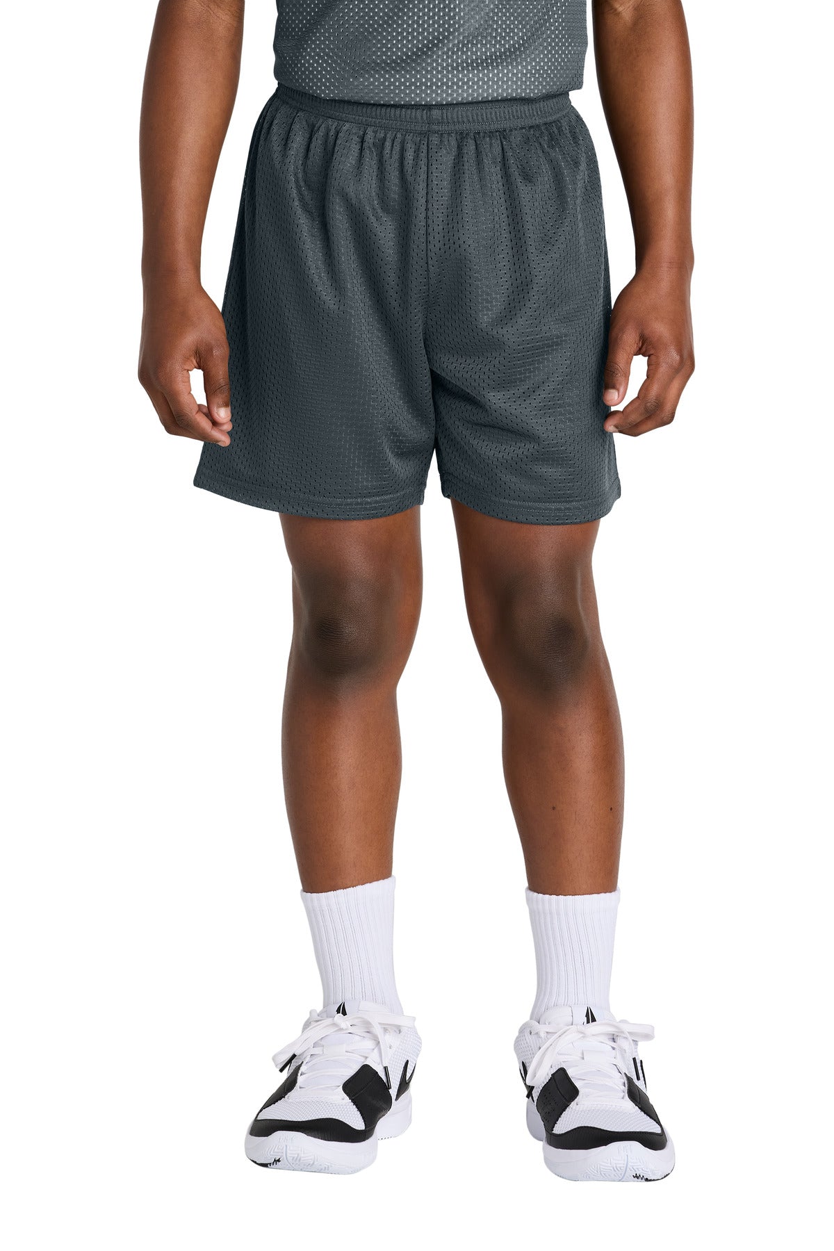 Front View of IronGrey Sport-Tek Youth PosiCharge Mesh 5" Short YST5100