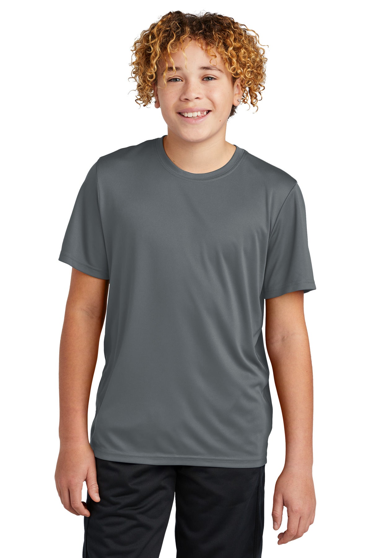 Front View of IronGrey Sport-Tek Youth PosiCharge Re-Compete Tee YST720