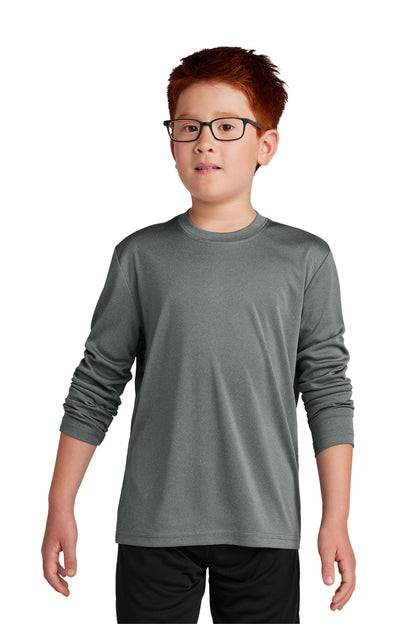 Front View of IronGreyHt Sport-Tek Youth Long Sleeve PosiCharge Competitor Tee. YST350LS