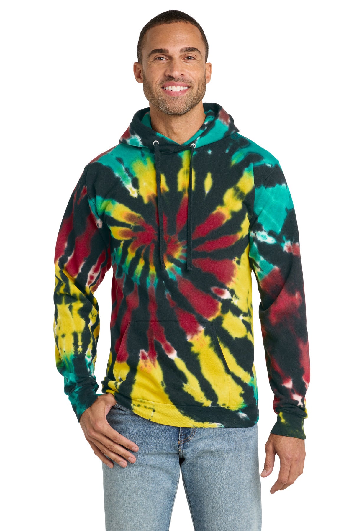 Front View of IslandSprl Port & Company Tie-Dye Pullover Hooded Sweatshirt. PC146
