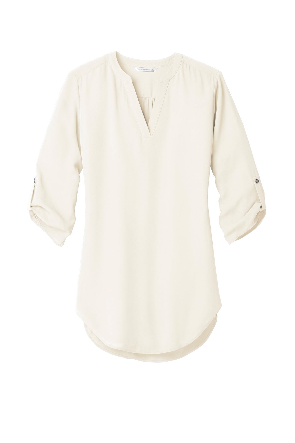 Front View of Ivory Chiffon Port Authority Women's 3/4-Sleeve Tunic Blouse. LW701